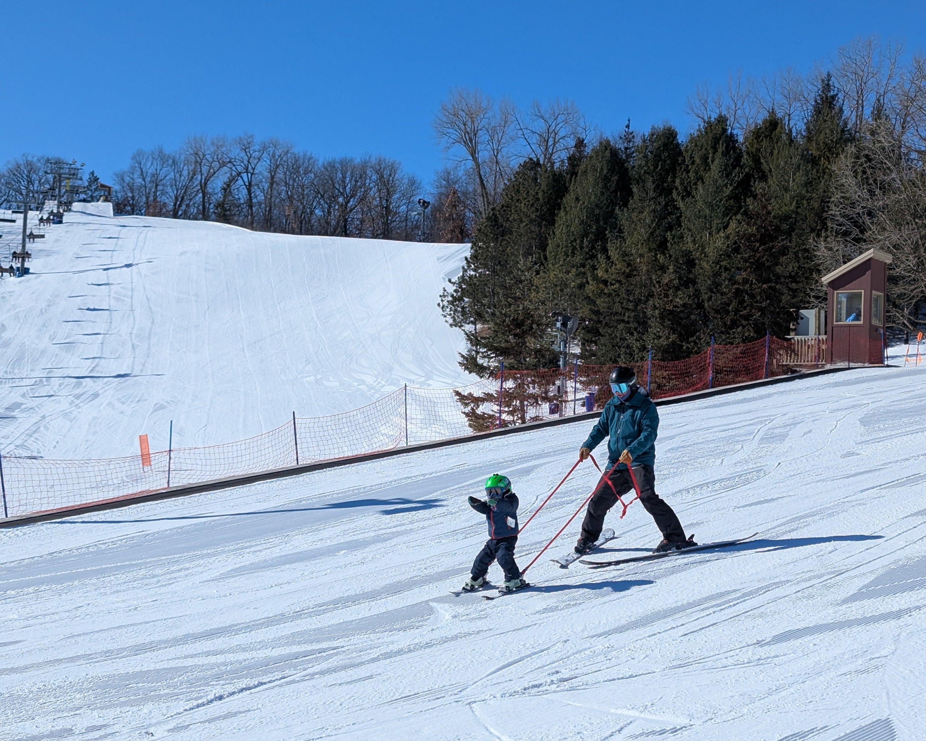 Parent and child skiing together with ankle tether on a snow-covered slope with trees and a clear blue sky in the background.