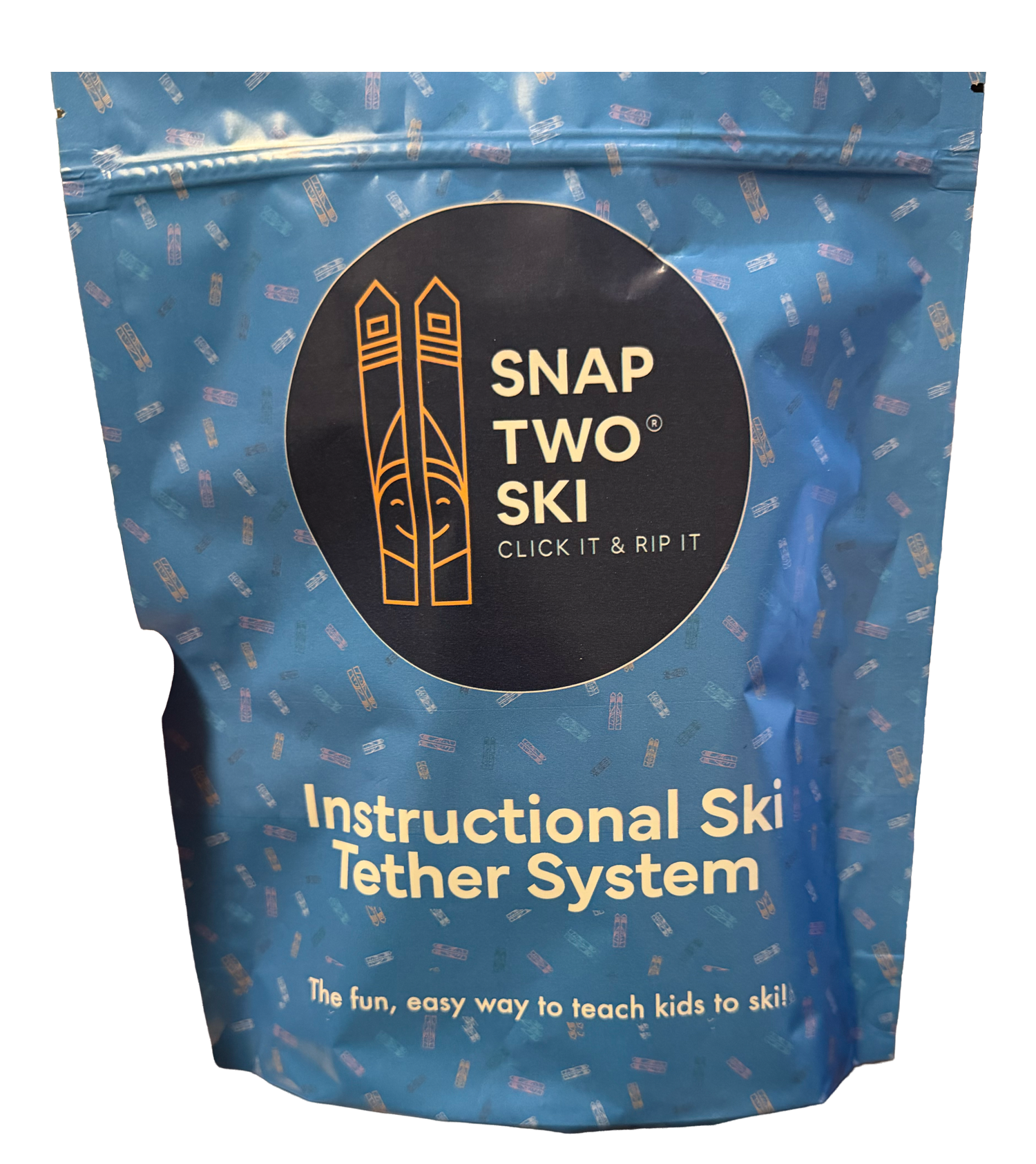 Blue packaging of Snap Two Ski instructional ski tether system on a white background